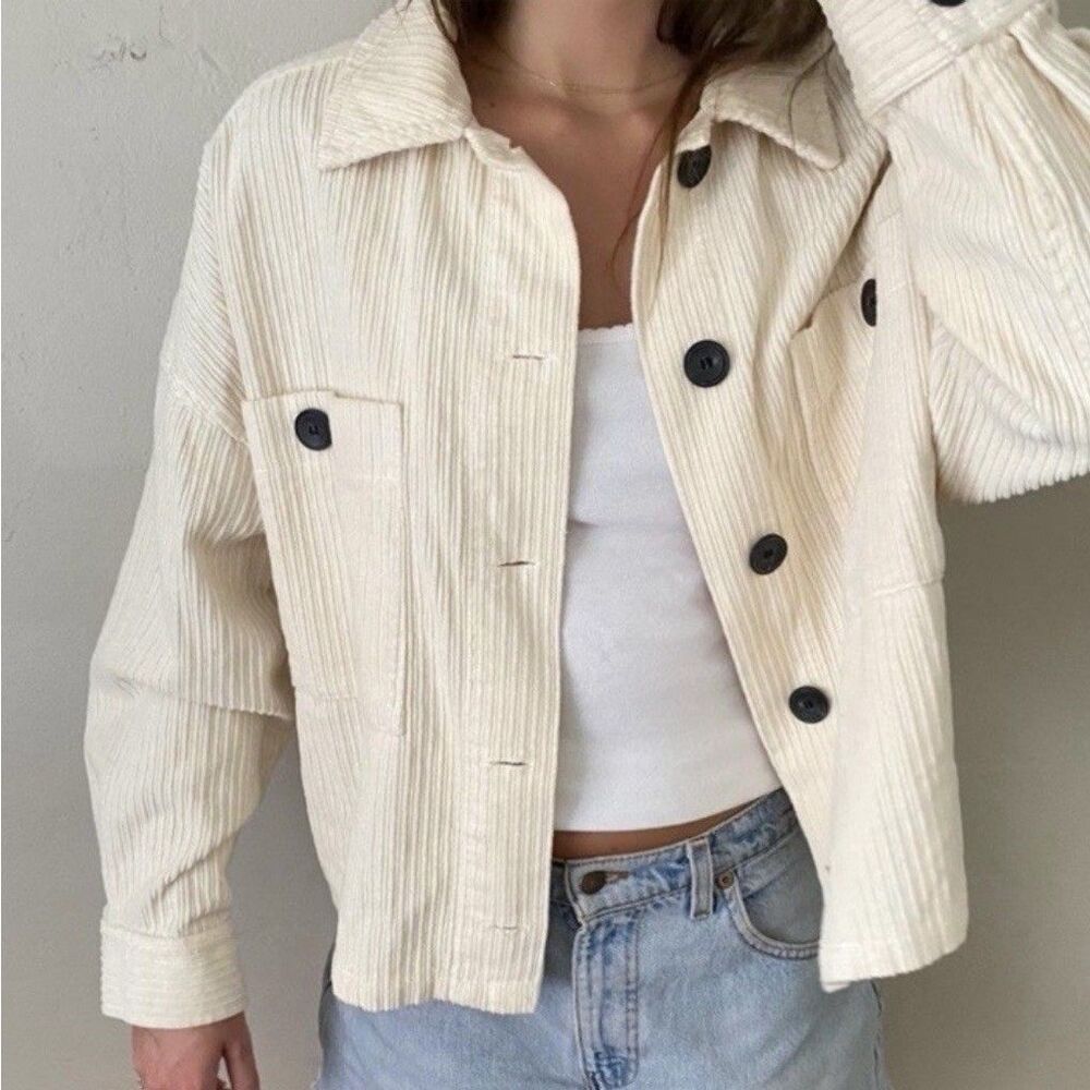 Zara Corduroy Oversized Shirt Jacket Women’s XS Ivory Relaxed Fit Button Shacket